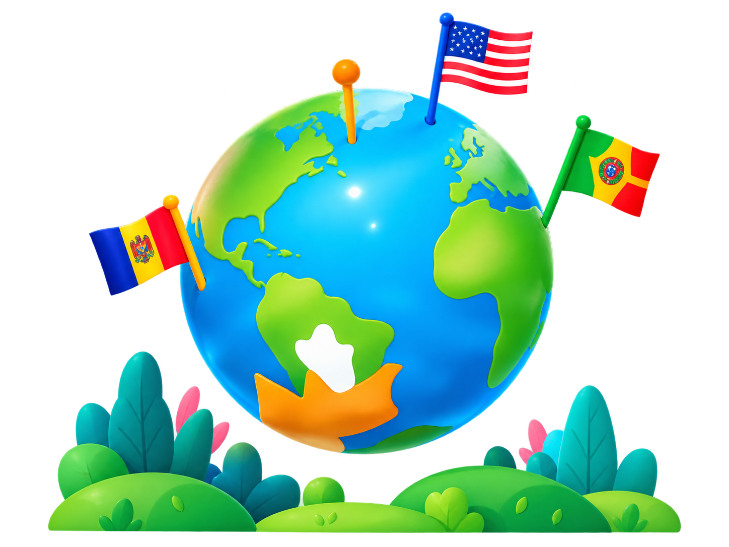 FlagMap globe with children, country flags, and greenery