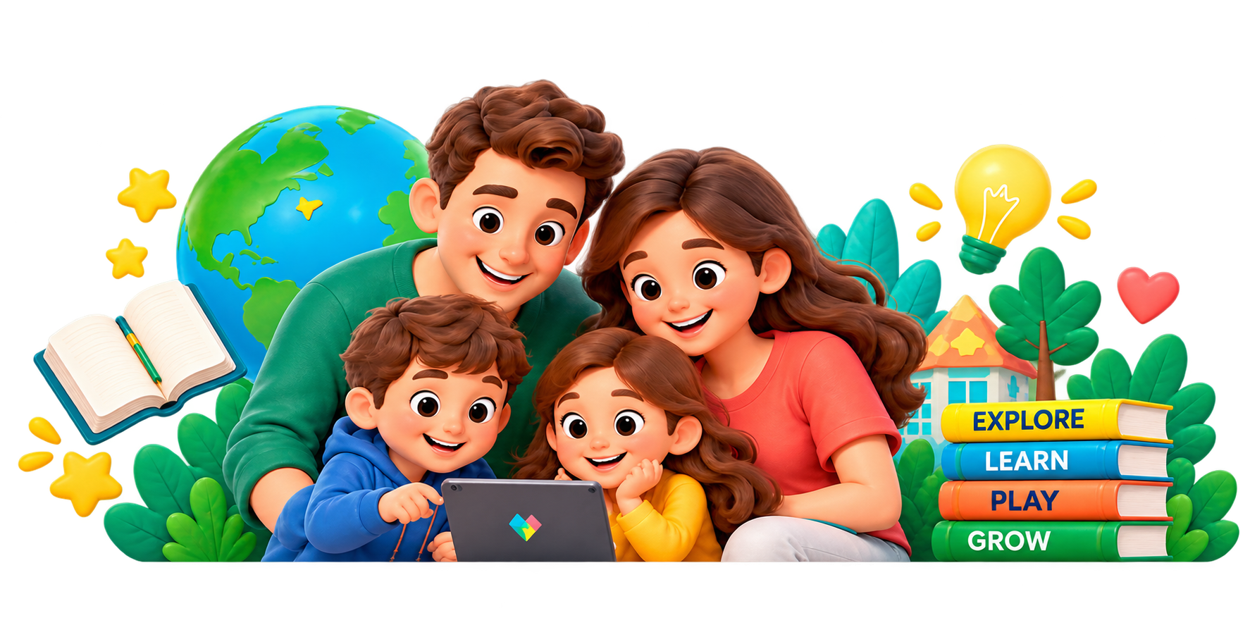A family of four learning together around a tablet, with a globe, book, plants, lightbulb, and stack of learning books